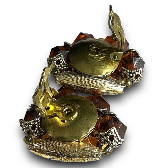 Vintage Classy Gold Toned Brown Garnet Burnt Orange Beaded Crystal Cluster Clip - Picture 4 of 7